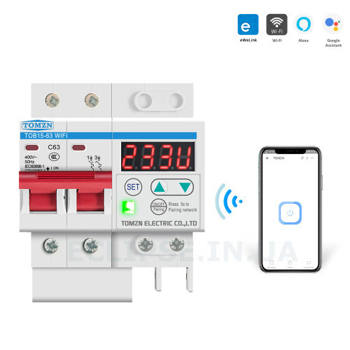 2-полюсний MCB автомат вимикач класу C з Wi-Fi та функцією захисту від пернаппруги/струму з світлодіодним дисплеєм на Din рейку 220В до 63А Ewelink (середовище Sonoff) від TOMZN за 1 265грн (код товару: TOB63)