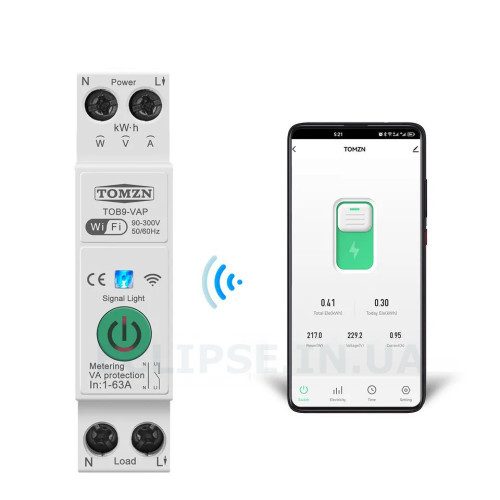 Wi-Fi выключатель с мониторингом напряжения-тока и защитой от перенапряжения, большого тока и мощности на Din рейке, 220В до 63А Tuya или SmartLife от TOMZN за 665грн (код товара: TOB9-VAP)