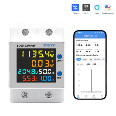 WiFi устройство мониторинга по реле защиты TOBI-63MWIFI на DIN-рейке до 63A, V, A, W, Hz, PF, kWh (применение PUNVO)