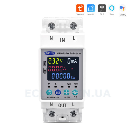 1-но фазный WiFi электросчётчик с цветным LCD дисплеем с подсветкой и защитой на 220/230 Вольт 63 А приложение Tuya (Smart Life) от TOMZN за 765грн (код товара: TOMPD-63SW)