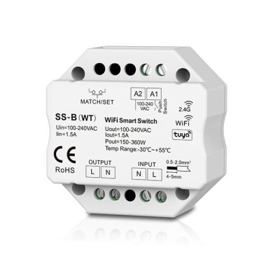 Дистанционный Радио выключатель на 100-240 Вольт AC 1 канал 1.5A Wi-Fi и RF Push Switch SS-B(WT) (приложение Tuya или Smart Life)