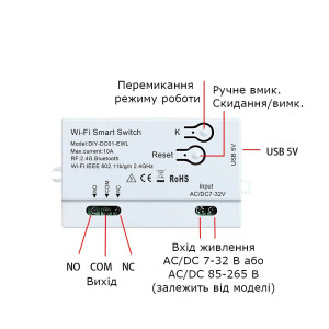 1-но канальный WIFI выключатель-реле (сухой контакт) на 5/7-32 Вольт или 5/85 -265 Вольт приложение Ewelink (среда Sonoff)