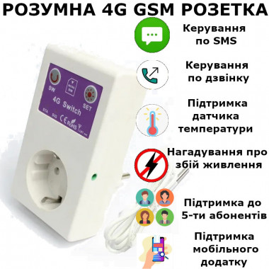 GSM 4G розетка на 16 Ампер з таймером, вимірюванням температури та акумулятором для контролю за мережою 220 В по SMS та підтримкою мобільного додатку