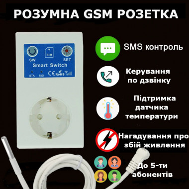 GSM розетка на 16 Ампер з таймером, вимірюванням температури та акумулятором для контролю за мережою 220 В по SMS