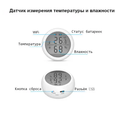 Комнатный WiFi, датчик температуры и влажности (гигрометр) с ЖК-дисплеем и сиреной, поддержка Alexa, Google Home, приложение Tuya (Smart Life)